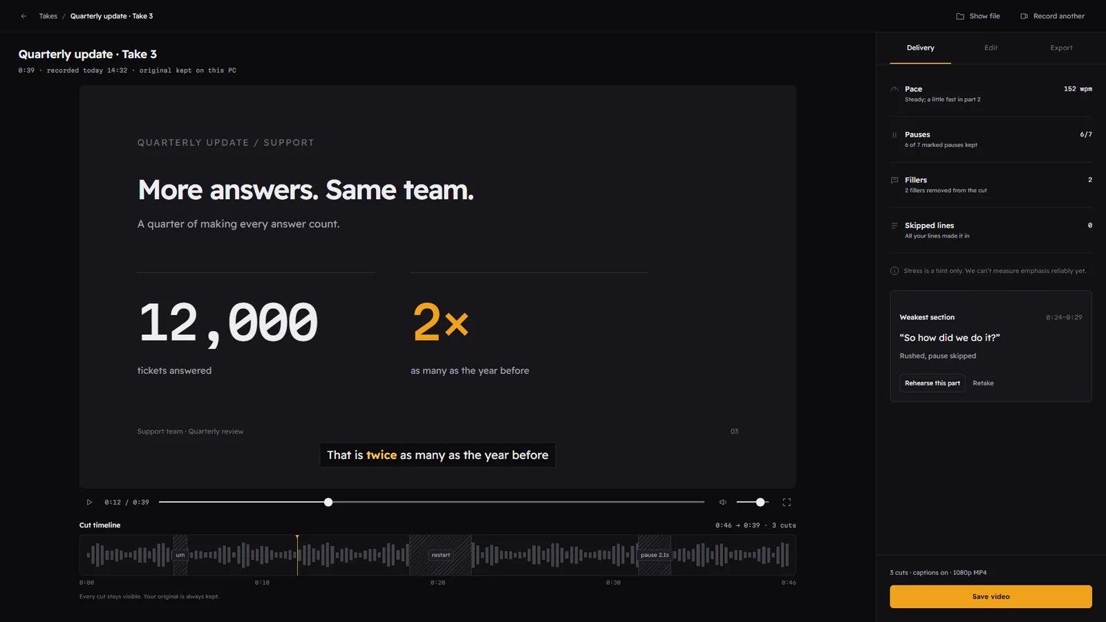 Take review with the video, a cut timeline, and a delivery panel showing 152 words per minute, 6 of 7 pauses kept, 2 fillers removed and no skipped lines.