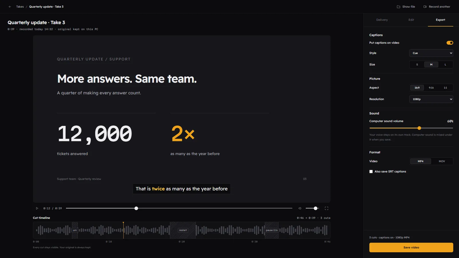 The export panel with caption style, aspect ratio, resolution, computer sound volume and MP4 or MOV format.